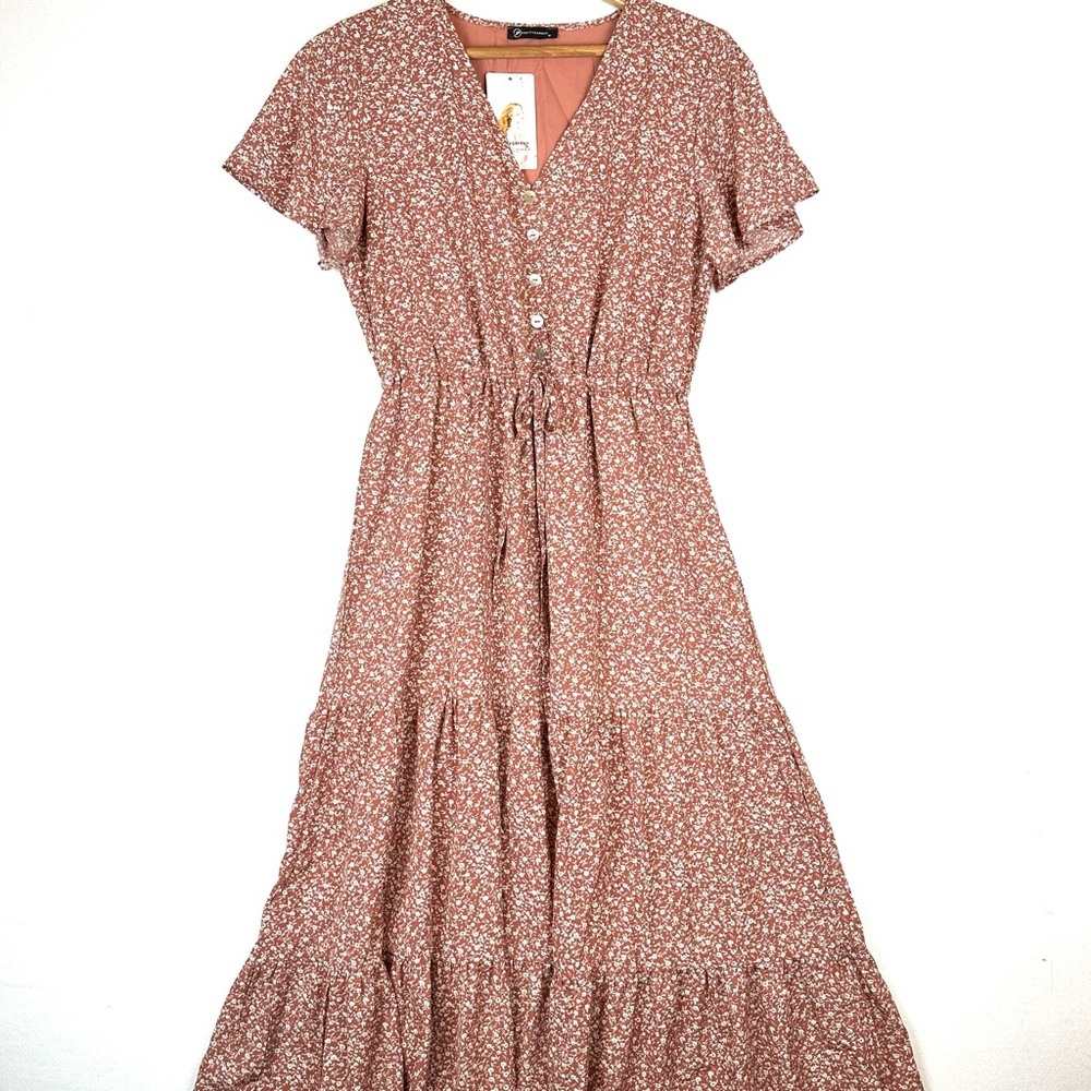 NWT Pretty Garden Ditsy Floral V-Neck Button-down Tiered Maxi Dress